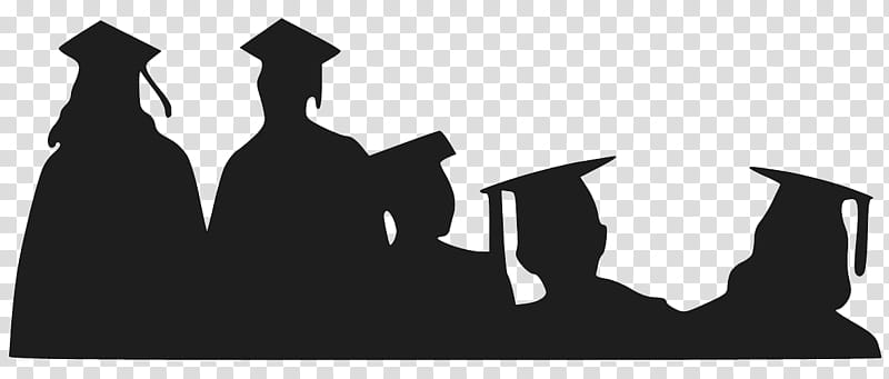 Silhouette of five graduates in caps and gowns, some holding diplomas, in a celebratory lineup.