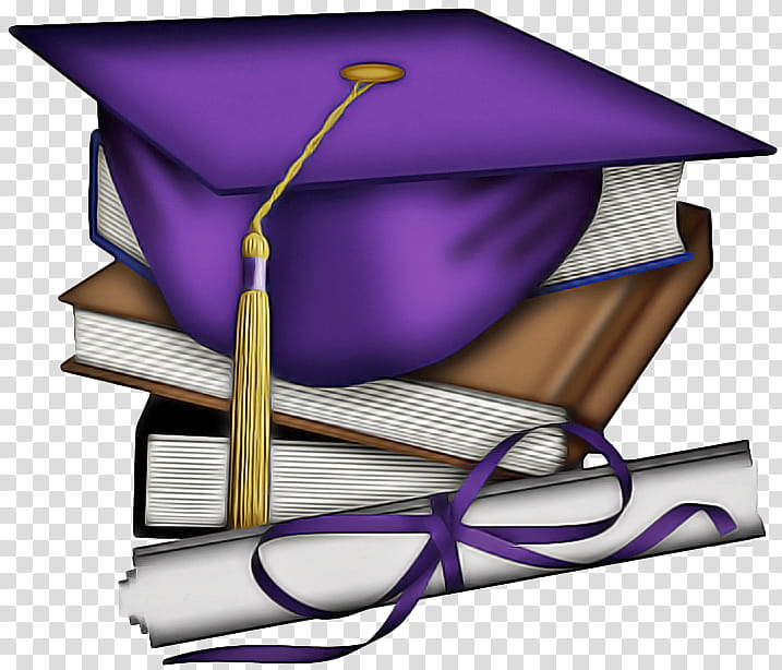 Purple graduation cap with gold tassel resting on stacked books and a rolled diploma tied with purple ribbon.