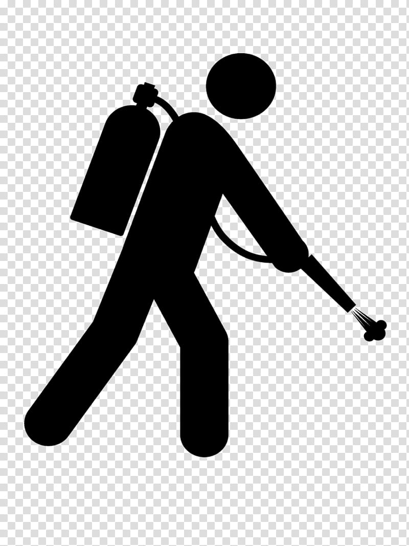 Silhouette of a person wearing a backpack sprayer and spraying liquid, indicating pest control or disinfection work.