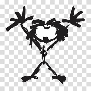 Joyful stick figure with wild hair, raised arms, and wide smile in expressive black ink sketch.