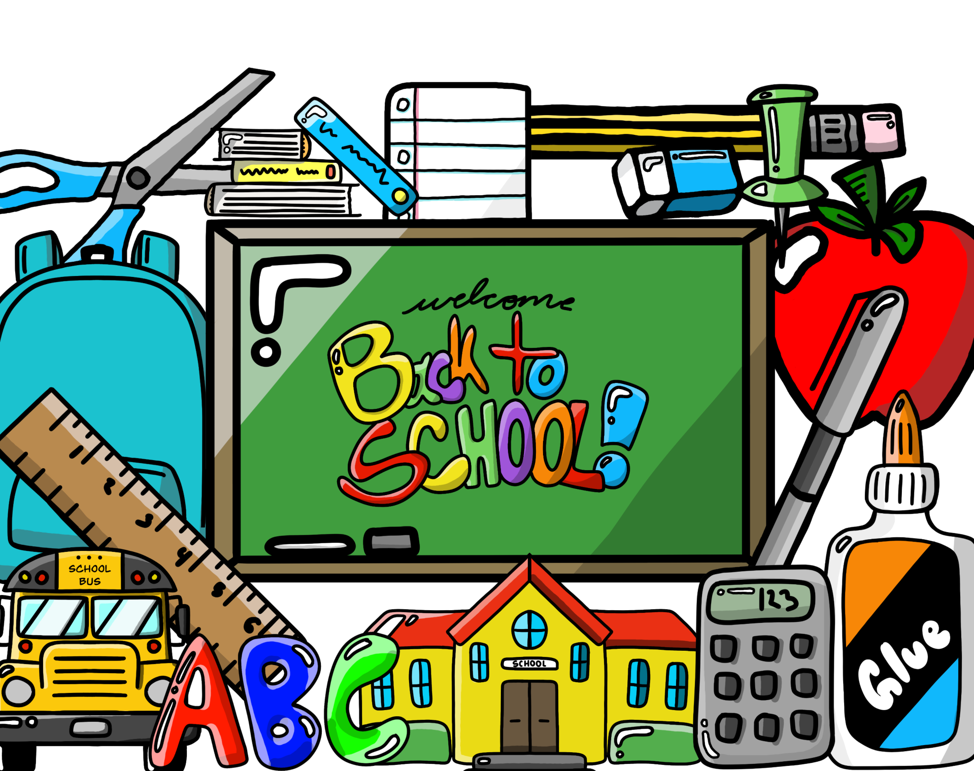 Colorful back-to-school supplies surrounding a chalkboard with "Welcome Back to School!" written in vibrant letters.