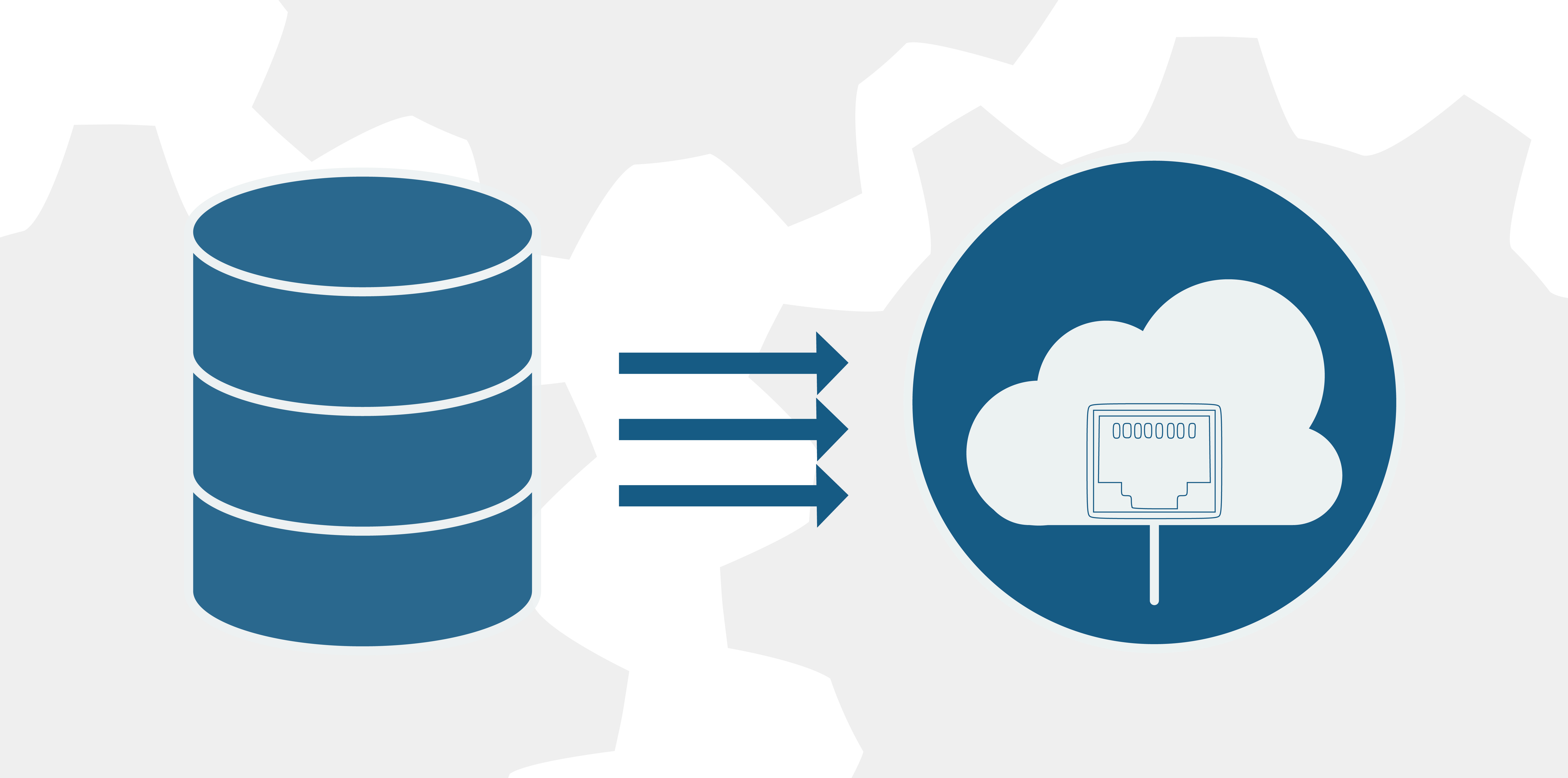 Database stack sending data via arrows to a cloud with a network port icon inside, symbolizing cloud database migration or connectivity.