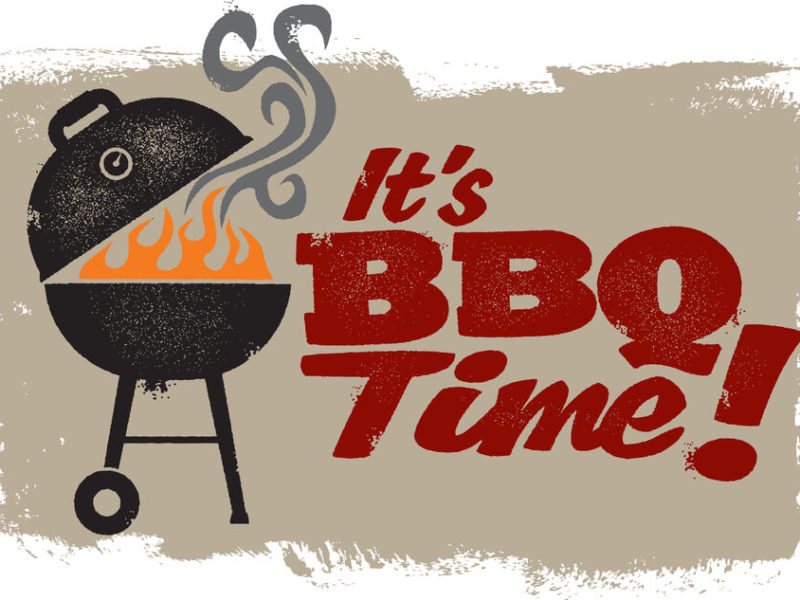 Charcoal grill with flames and smoke, next to bold red text reading "It's BBQ Time!"
