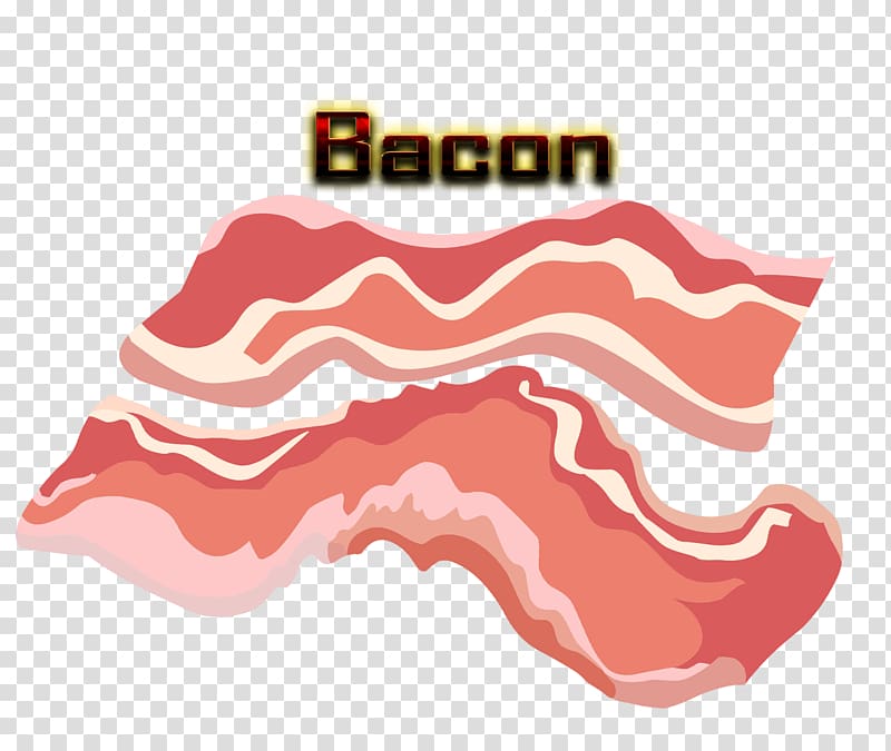 Two illustrated strips of crispy bacon with the word "Bacon" above them on a transparent background.