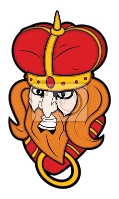 Cartoon king mascot with red crown, golden accents, long orange hair, and fierce expression.