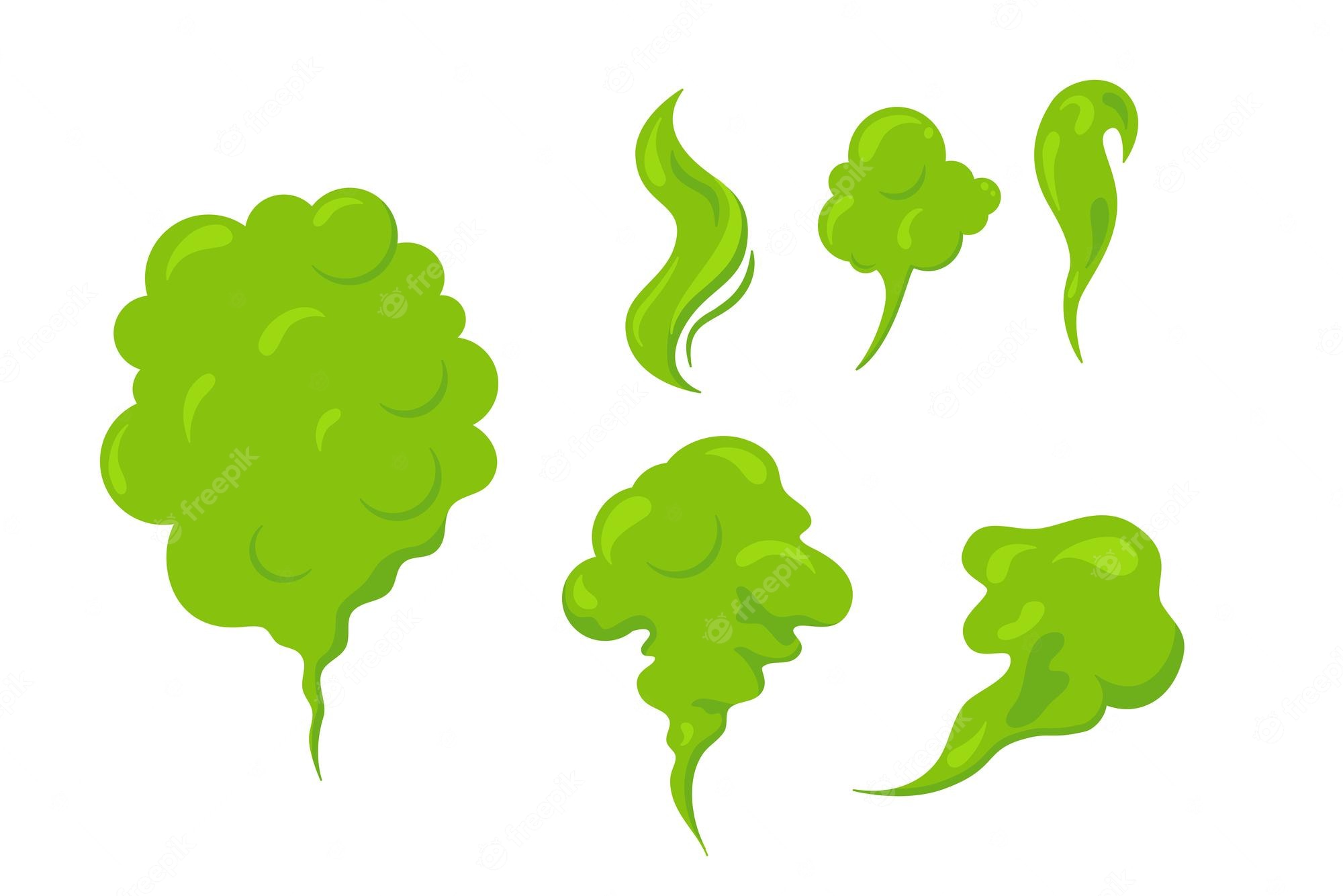Six stylized green smoke or gas cloud illustrations in various shapes and sizes on a white background.