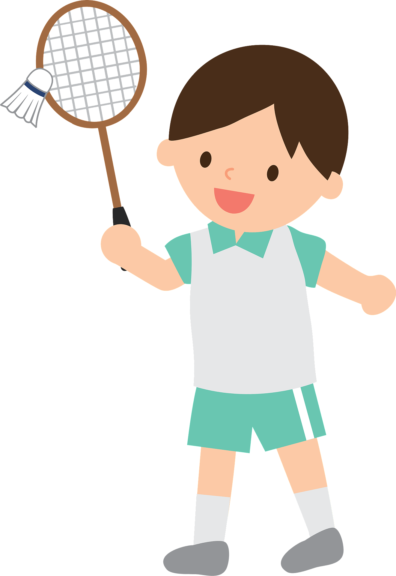 Smiling cartoon boy in sportswear holding a badminton racket and shuttlecock, ready to play.