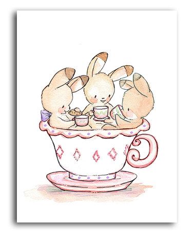 Three adorable bunnies sharing tea in a delicate pink teacup with diamond patterns.