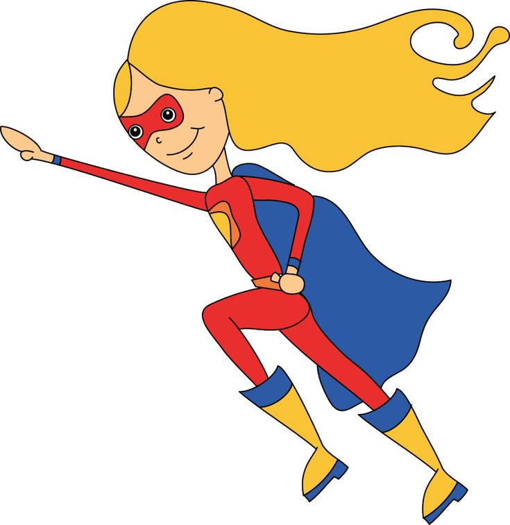 Smiling blonde female superhero in red suit, blue cape, and mask, flying forward with arm extended.