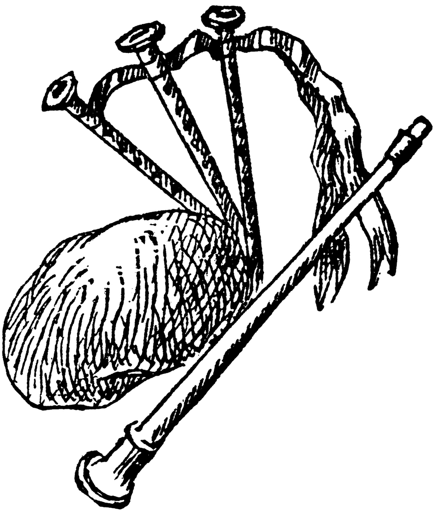 Black-and-white line drawing of a traditional bagpipe with drone pipes, chanter, and decorated bag.