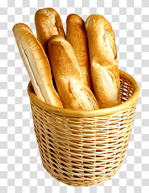 Freshly baked baguettes in a woven wicker basket on transparent background.