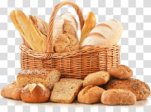 A woven basket overflowing with assorted fresh breads, including baguettes, rolls, and sliced loaves, arranged on a white surface.