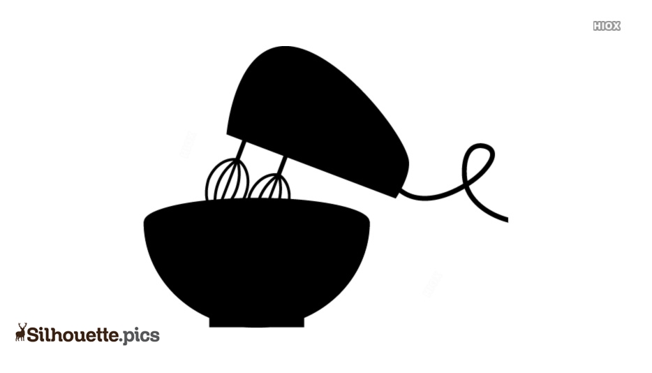 Black silhouette of a handheld electric mixer with dual beaters inside a mixing bowl, cord trailing to the side.