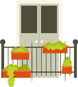 A charming balcony with orange planters filled with lush green plants, mounted on a black metal railing in front of double doors.