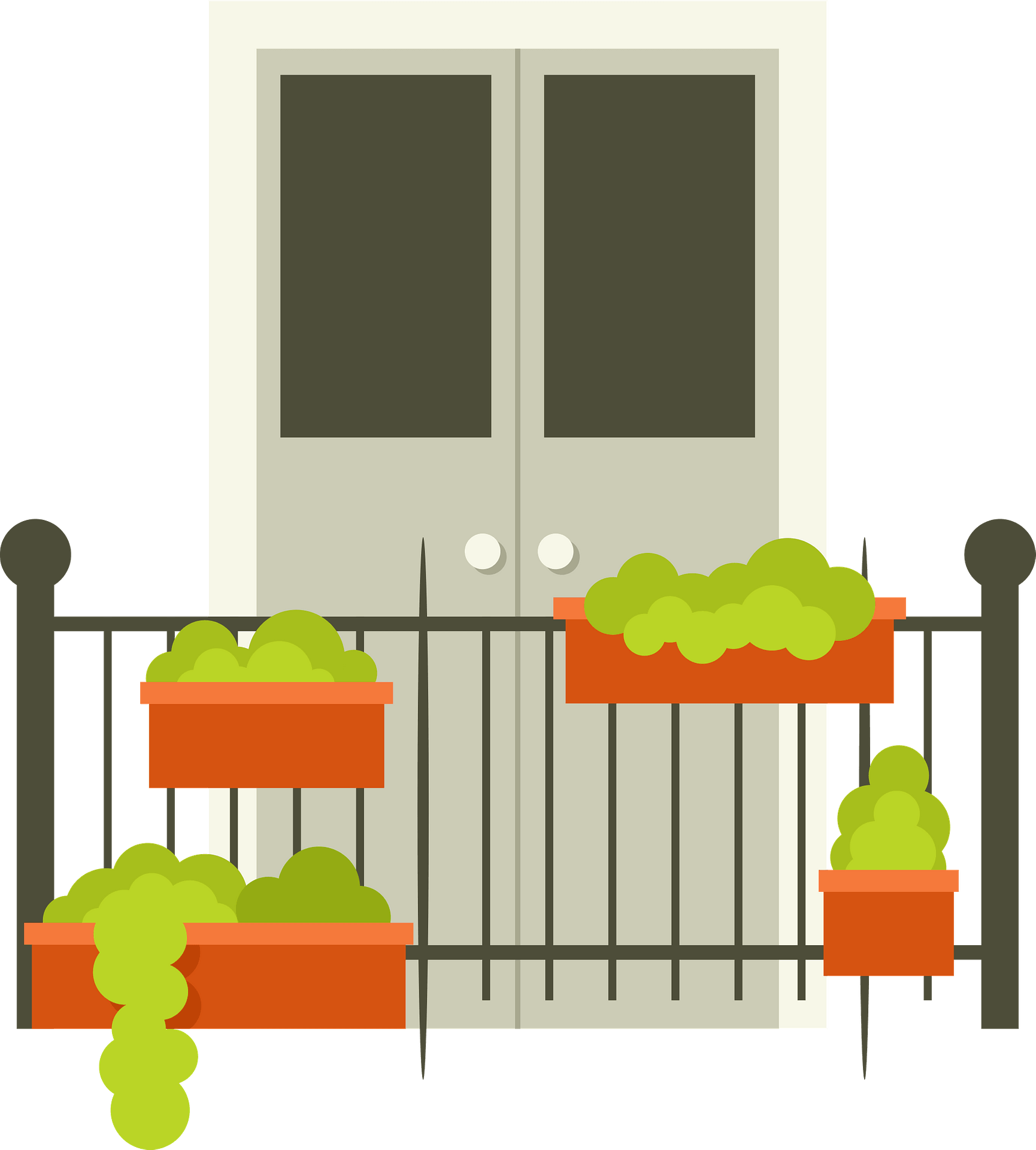 A charming front entrance with double doors, black wrought-iron railing, and four orange planters filled with lush green shrubs.