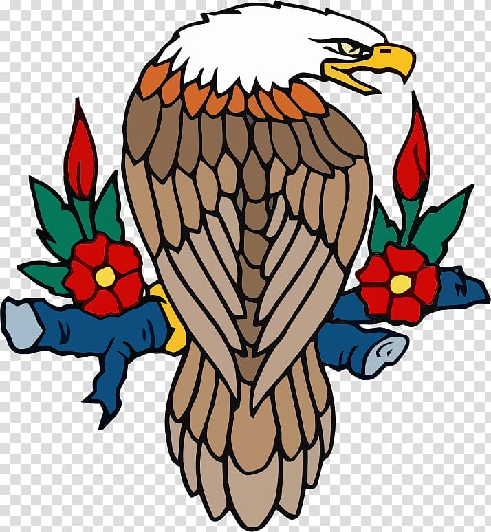 Traditional American tattoo-style bald eagle with red roses and blue ribbons on transparent background.