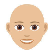 Smiling bald emoji-style face with brown eyes and neutral skin tone on dark background.