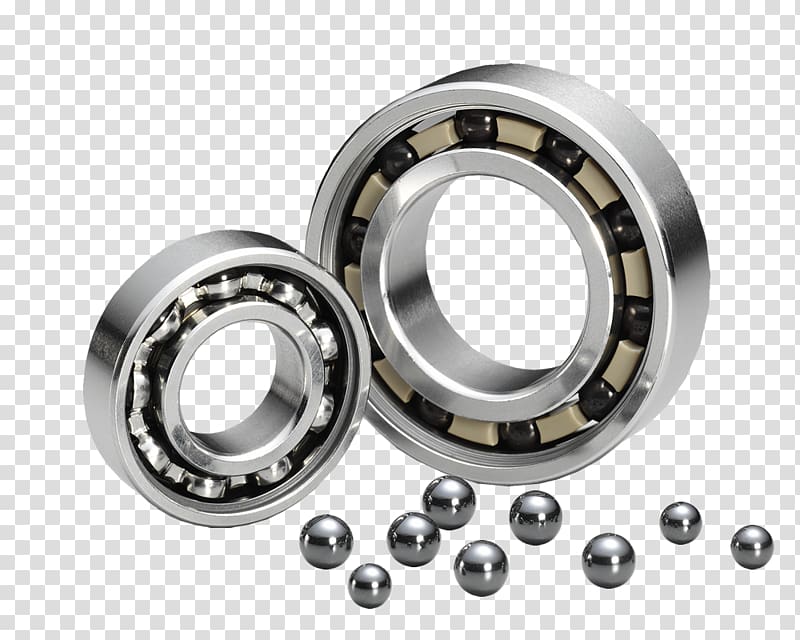 Two precision ball bearings with loose steel balls on transparent background, showcasing internal structure and metallic finish.