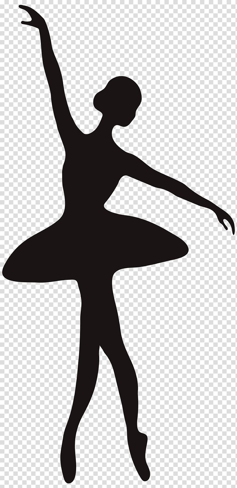 Silhouette of a ballerina in arabesque pose, one arm raised, wearing a tutu and pointe shoes.