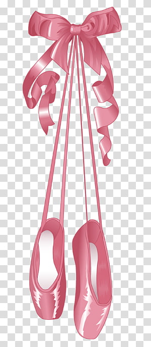 Pink ballet pointe shoes with a large satin bow, hanging gracefully against transparent background.