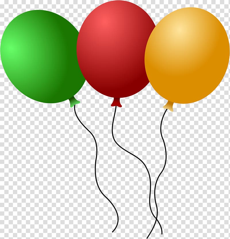 Three colorful balloons-green, red, and yellow-with black strings against a transparent background.
