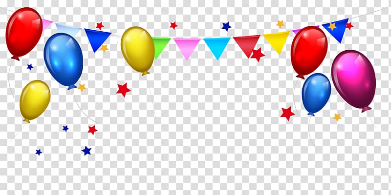 Colorful party balloons and star-shaped bunting flags on transparent background for festive celebrations.
