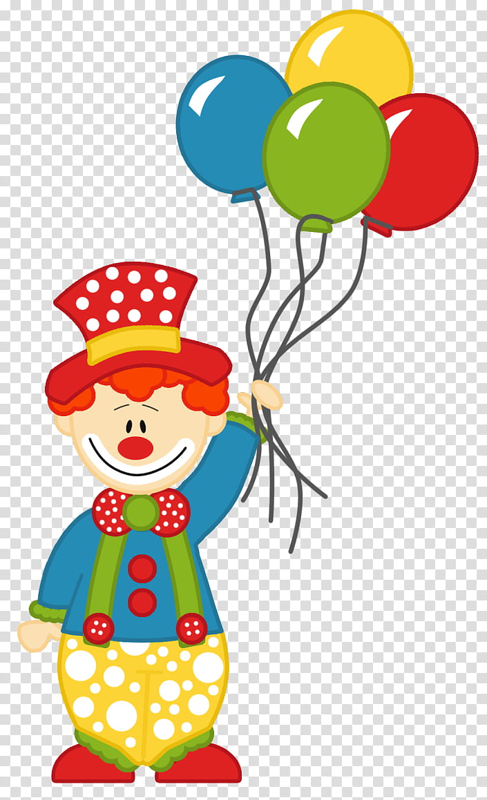 Cheerful cartoon clown with red polka-dot hat holding four colorful balloons (blue, green, yellow, red).