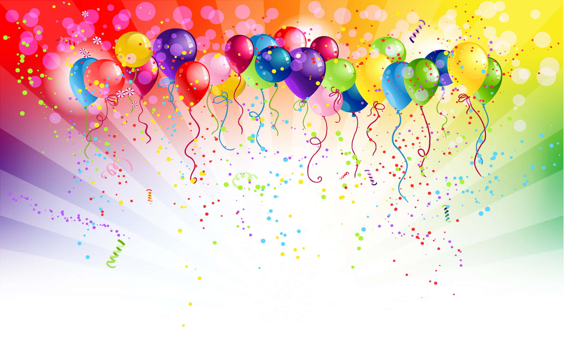 Colorful party balloons with confetti and streamers against a radiant rainbow background.