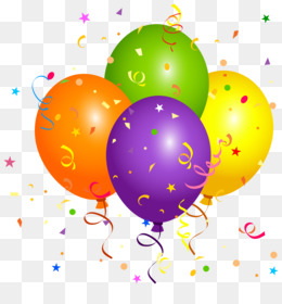 Colorful party balloons with confetti and streamers on transparent background