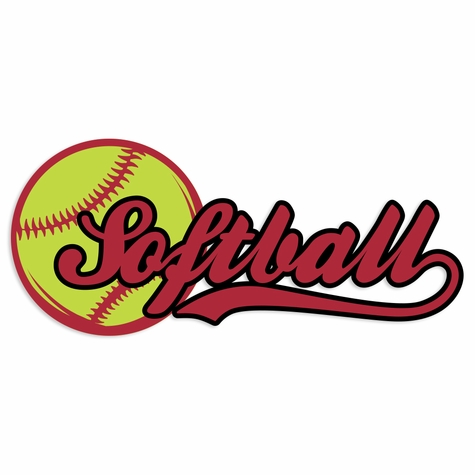 Yellow softball with red stitching beside stylized red "Softball" text logo.