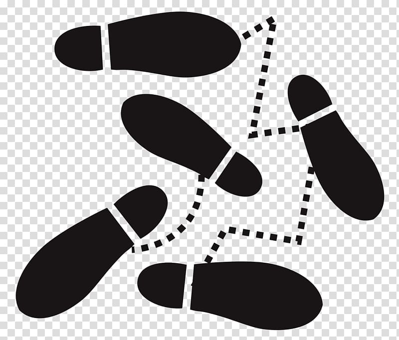 Black silhouette footprints connected by a dashed zigzag path on transparent background, symbolizing tracking or journey.