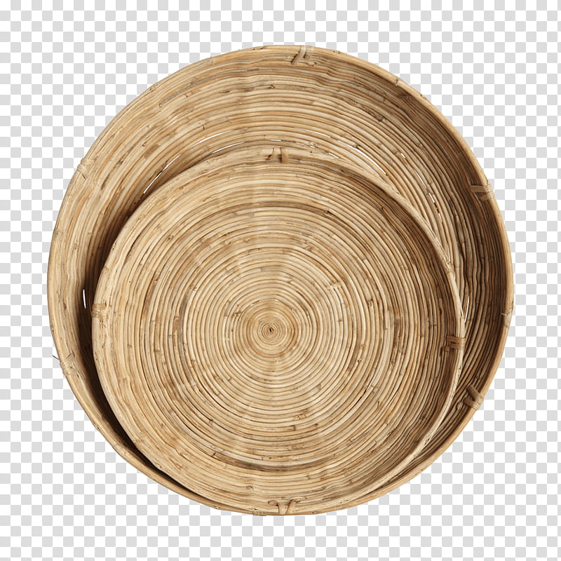 Two stacked round woven bamboo trays viewed from above, showcasing concentric coil patterns and natural texture.
