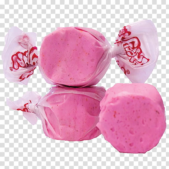 Pink taffy candies wrapped in translucent paper with red logo, glossy texture and speckled appearance.