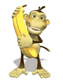 Cheerful cartoon monkey holding a large yellow banana with both hands, smiling broadly.