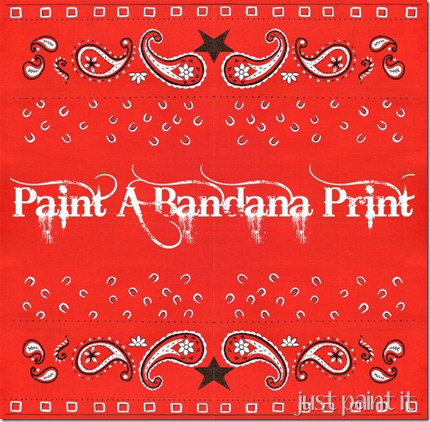 Red bandana print with white paisley patterns, black stars, and dripping text "Paint A Bandana Print"