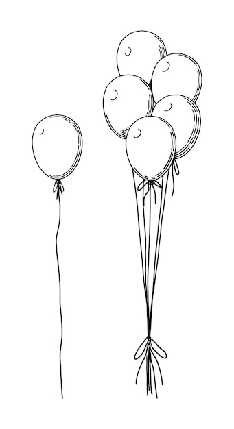 Hand-drawn line art of one solo balloon and a cluster of six tied balloons, all with simple smiley faces.