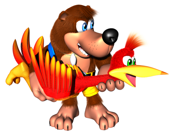 Banjo the bear holding Kazooie the red breegull, iconic duo from the Banjo-Kazooie video game series.