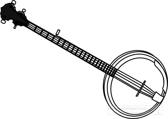 Black-and-white line drawing of a banjo with long neck, fretted fingerboard, and circular resonator body.