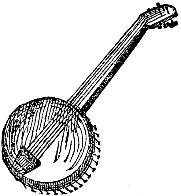 Vintage line drawing of a banjo with resonator, fretted neck, and tuning pegs.