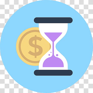 Hourglass with purple sand and a gold coin, symbolizing time and money management.