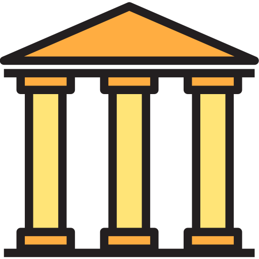 Classic government building icon with orange pediment and yellow columns on black background.