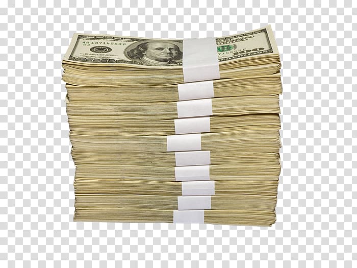 Stack of US $100 bills bundled with white paper bands, transparent background.