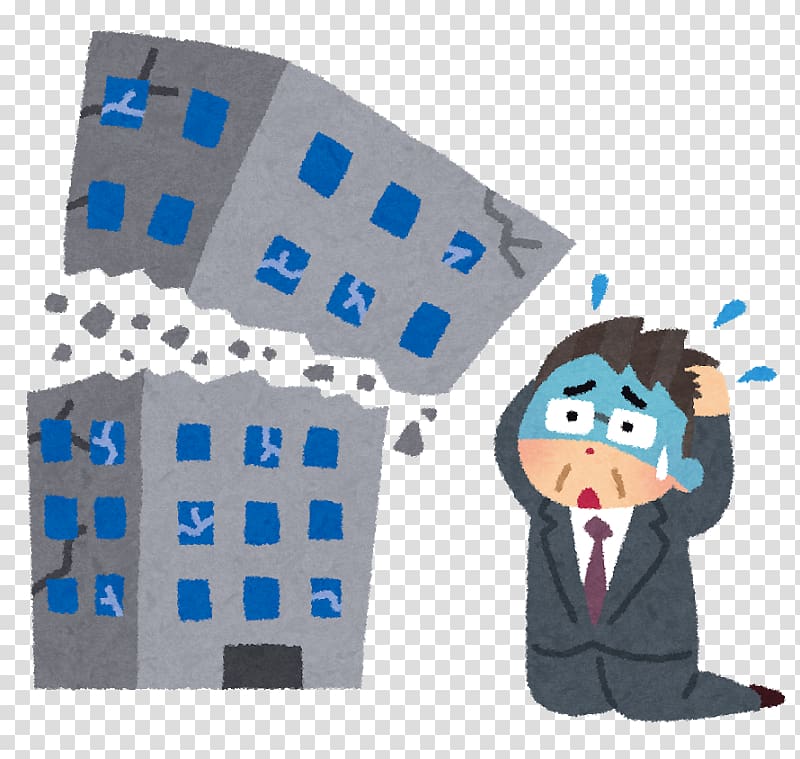 Stressed businessman in suit clutching head as building collapses behind him, symbolizing business crisis or project failure.