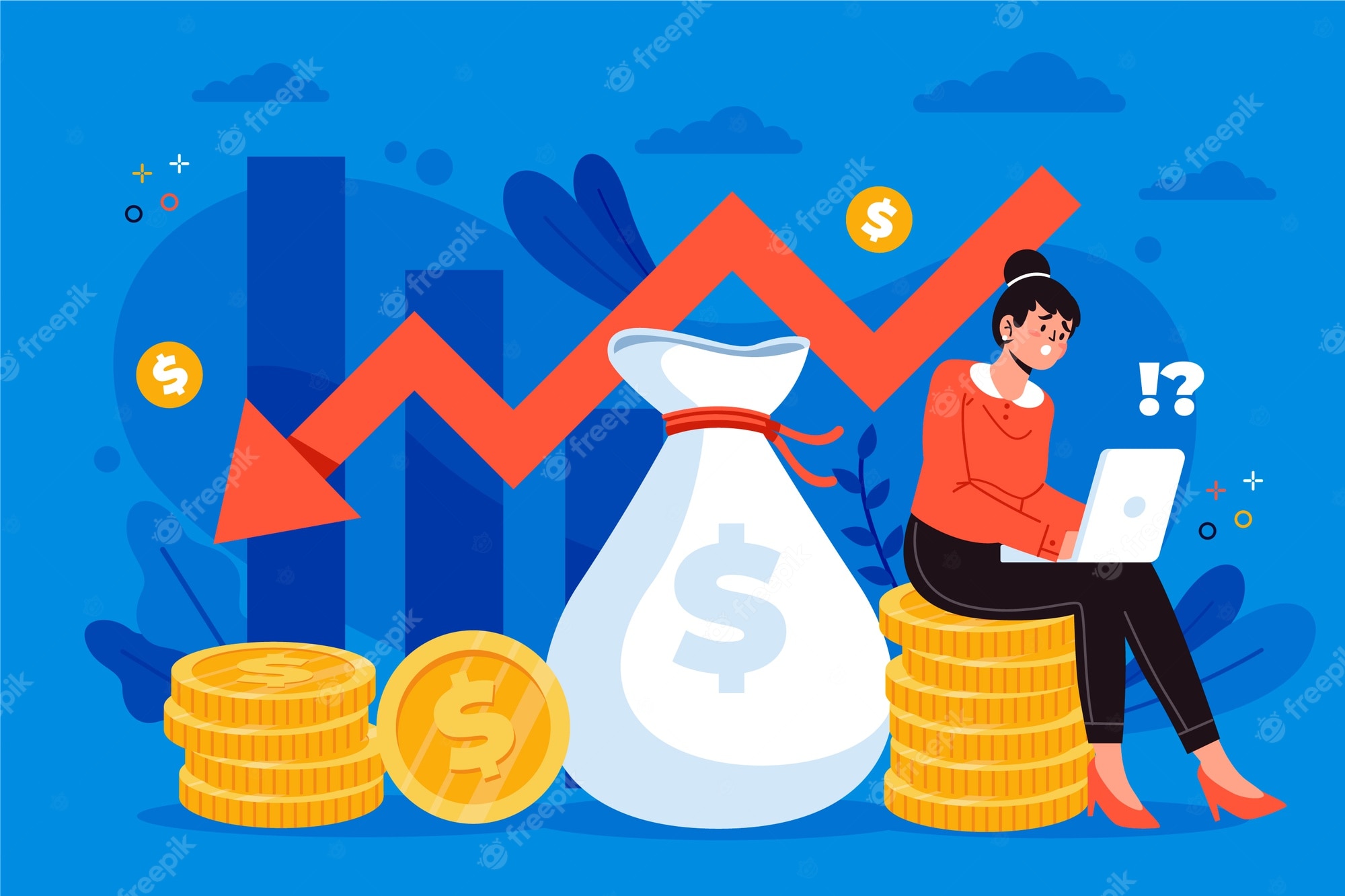 A woman sits on coin stacks using a laptop, surrounded by a money bag, coins, and a fluctuating financial chart with dollar symbols.