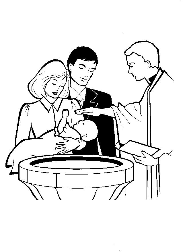 A priest baptizes a baby held by parents at a baptismal font in a line-art illustration.
