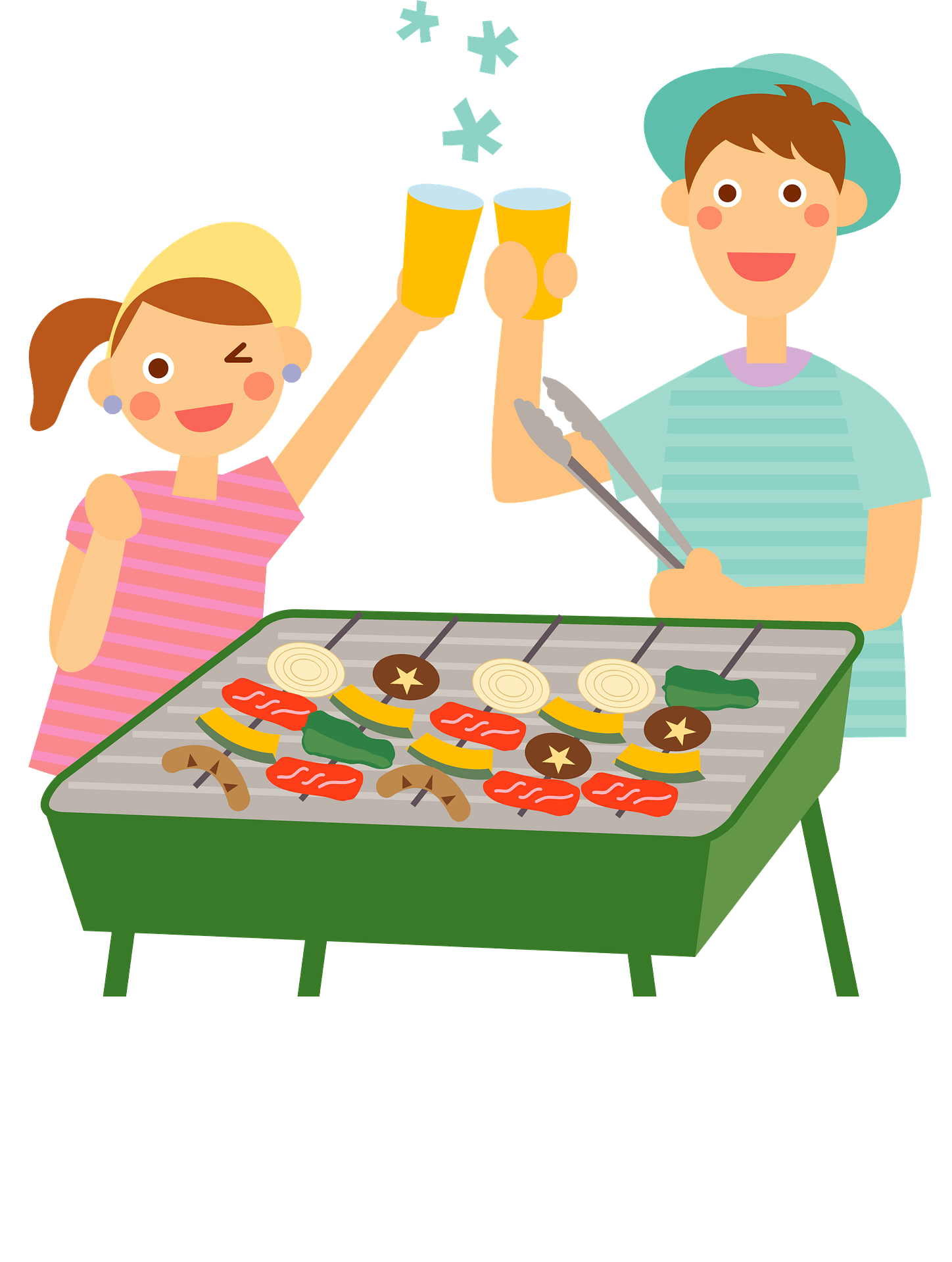 A cheerful couple toasting with drinks while grilling skewers of meat, vegetables, and mushrooms on a green barbecue grill.