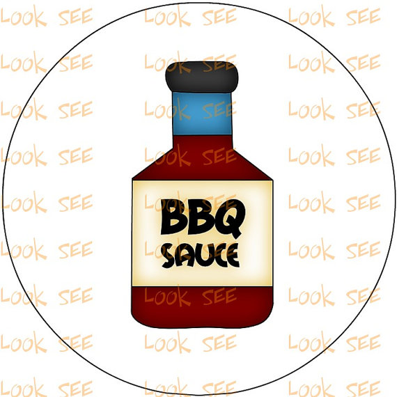 Cartoon-style BBQ sauce bottle with black cap, blue neck, red liquid, and bold "BBQ SAUCE" label inside a circle.
