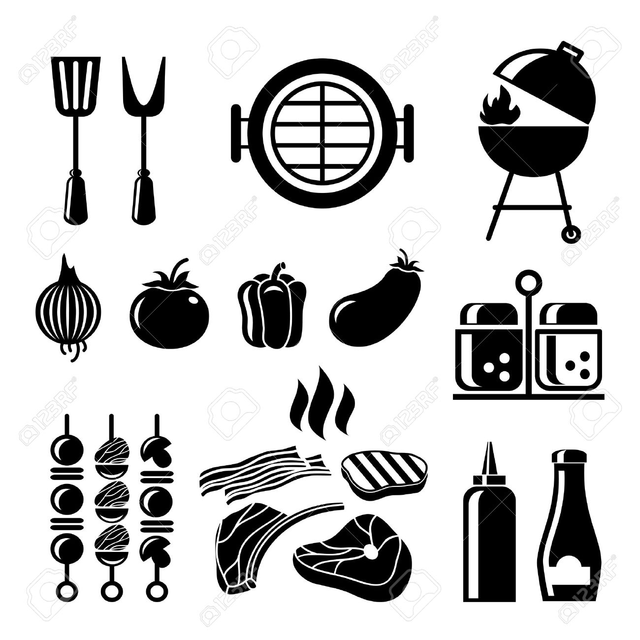 Black-and-white icon set featuring grilling tools, meats, vegetables, condiments, and barbecue equipment.