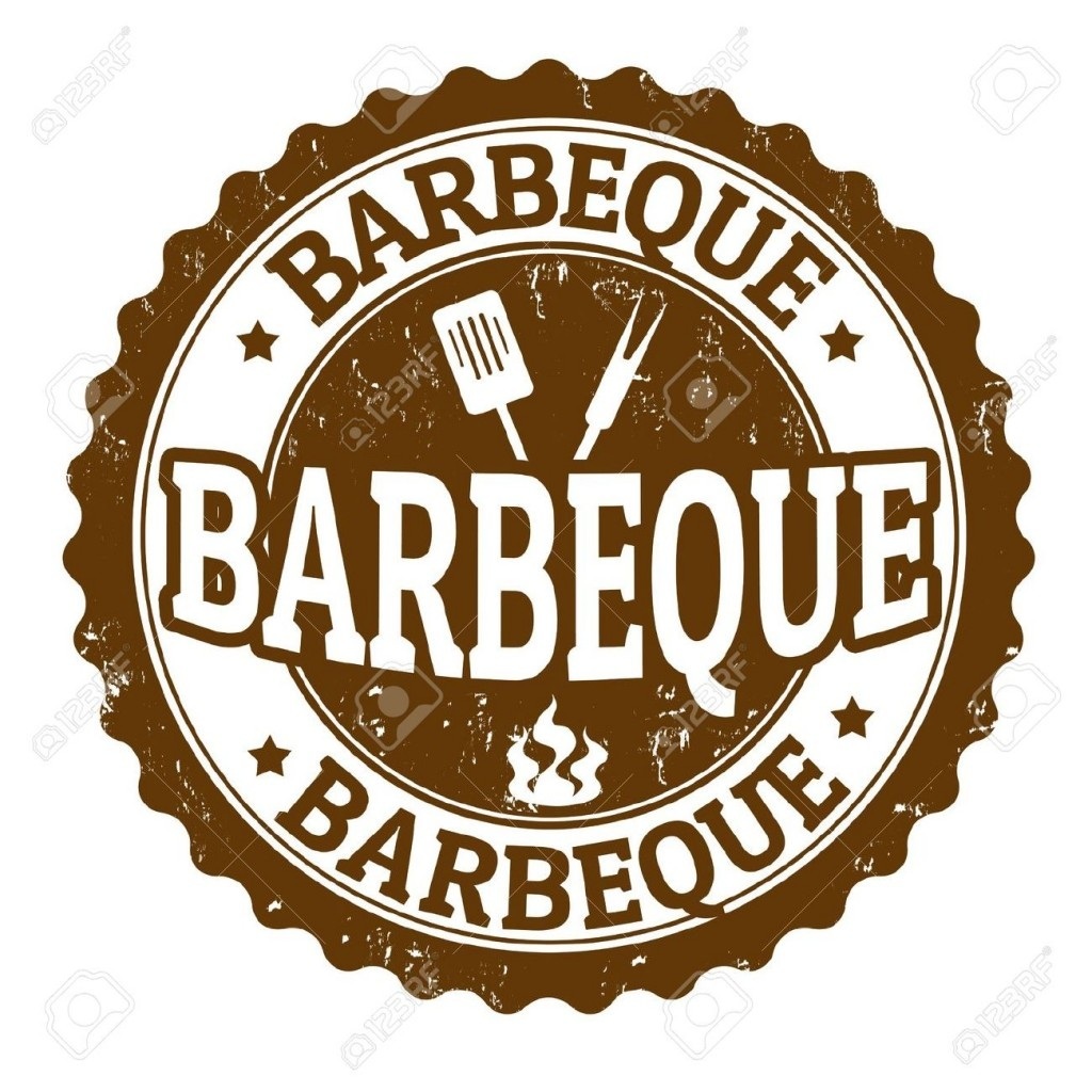 Vintage-style brown circular stamp with "BARBEQUE" text, grill tools, flames, and star accents.