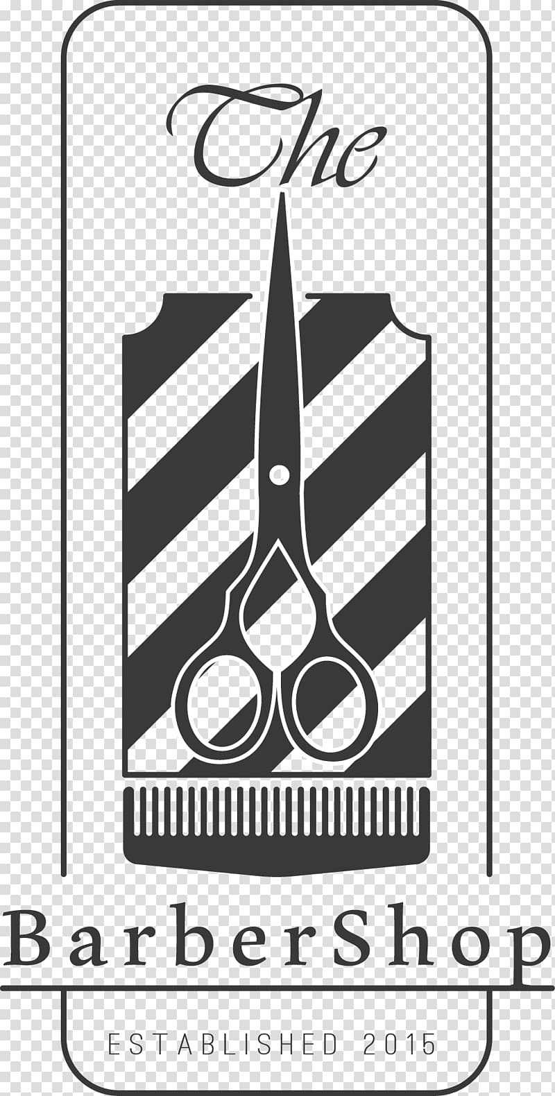 Vintage barber shop logo featuring scissors, striped pole, and comb with "The BarberShop" text and "Established 2015".